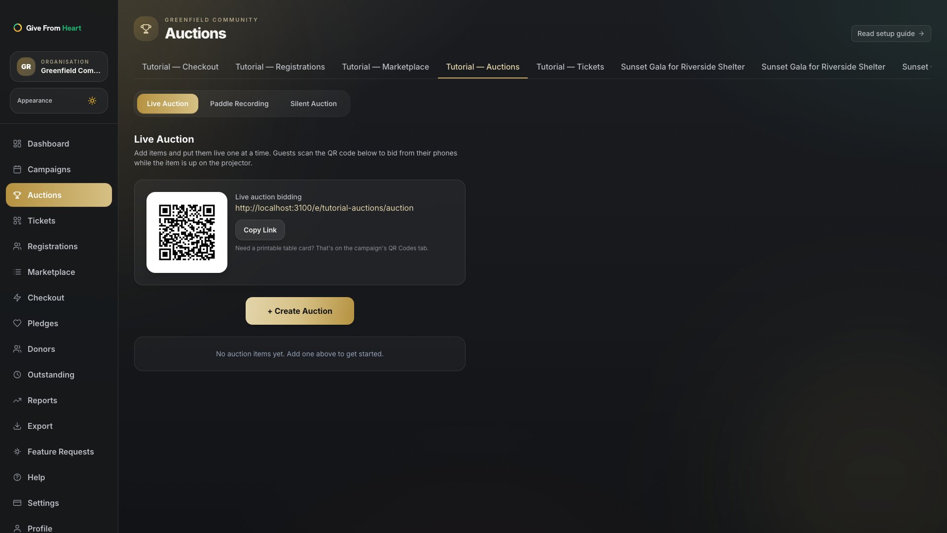 The Auctions tab open on Live Auction