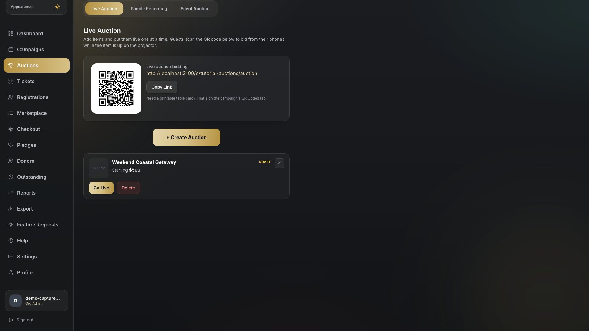 An active auction item card with the countdown timer controls