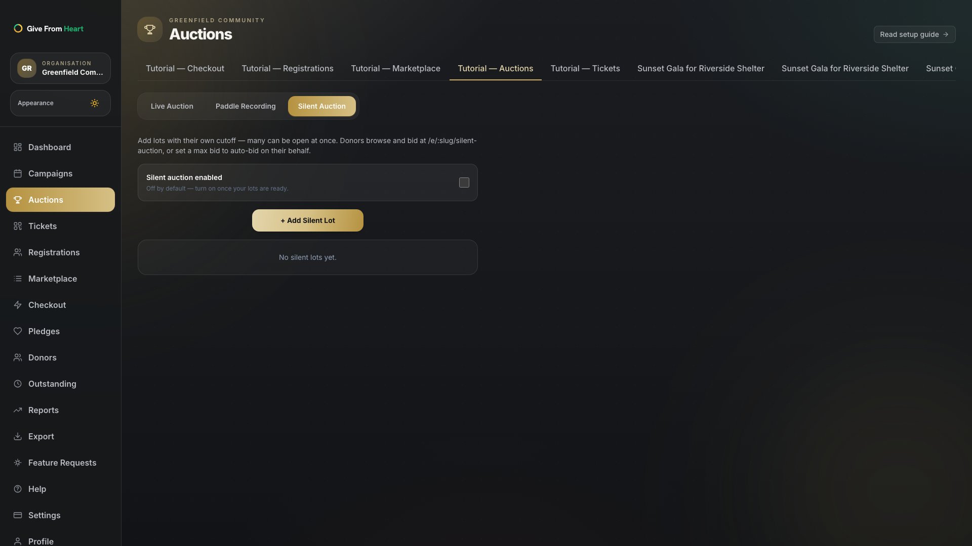 The Silent Auction tab with the enable toggle