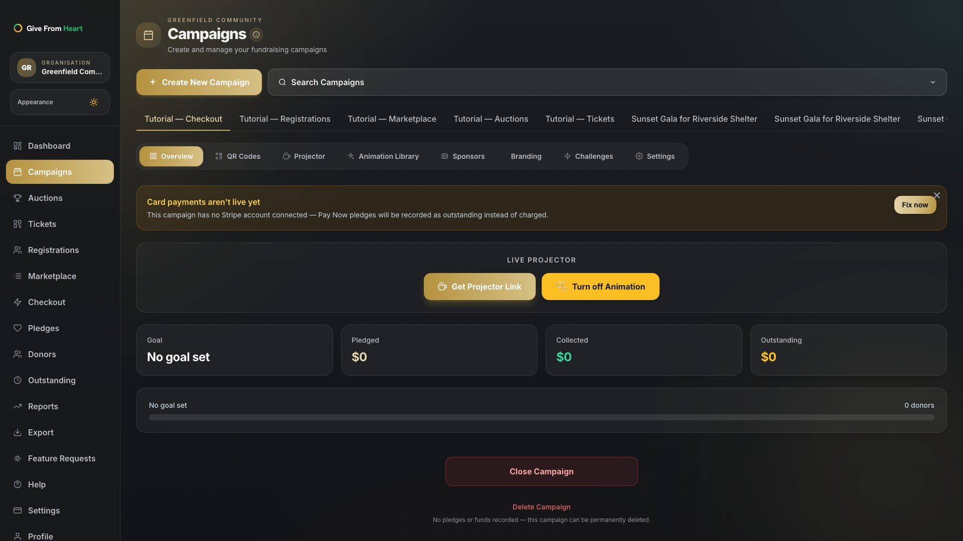 The Campaigns page with the "Create New Campaign" button highlighted