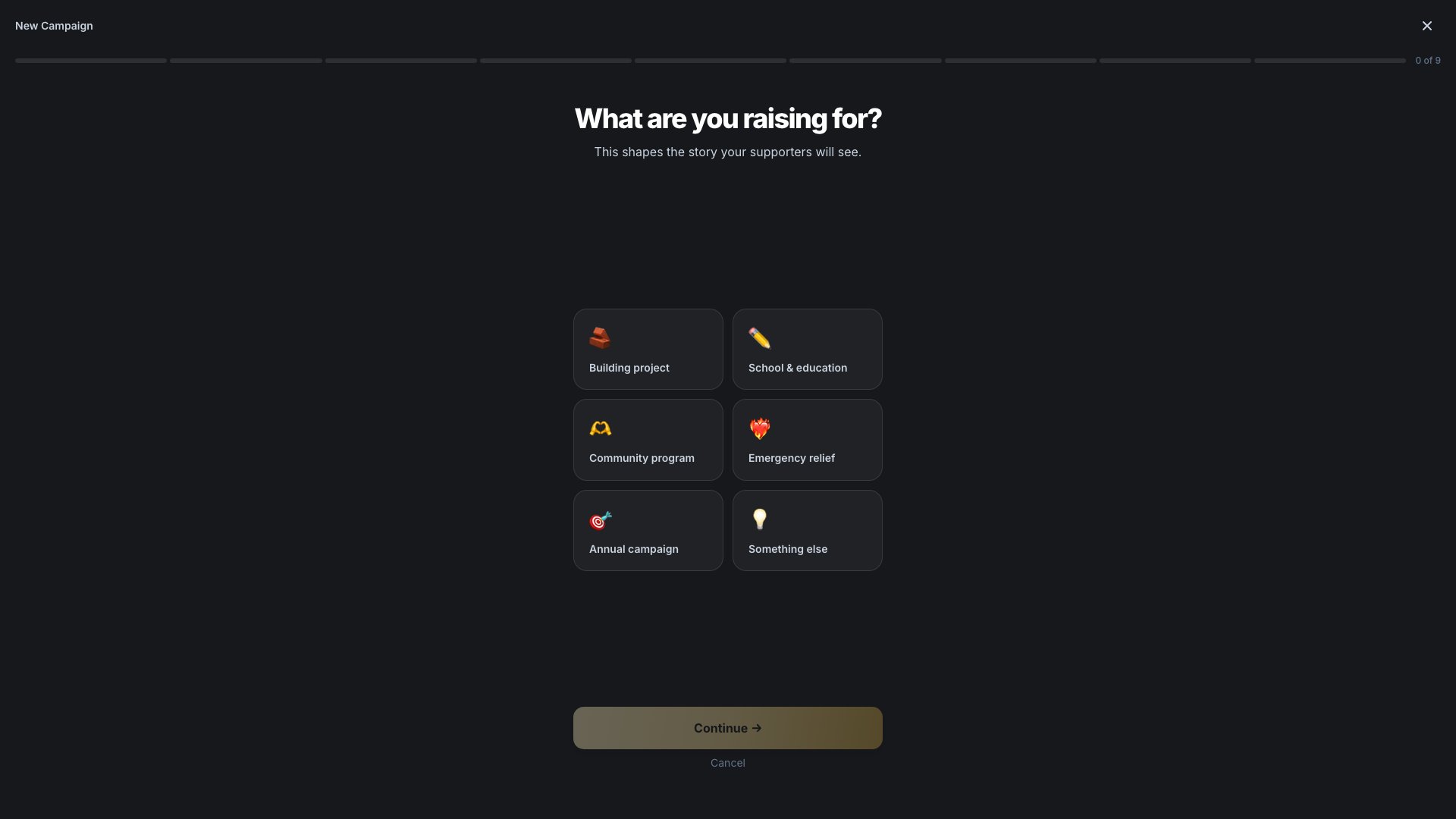 The purpose selection screen with six tile options
