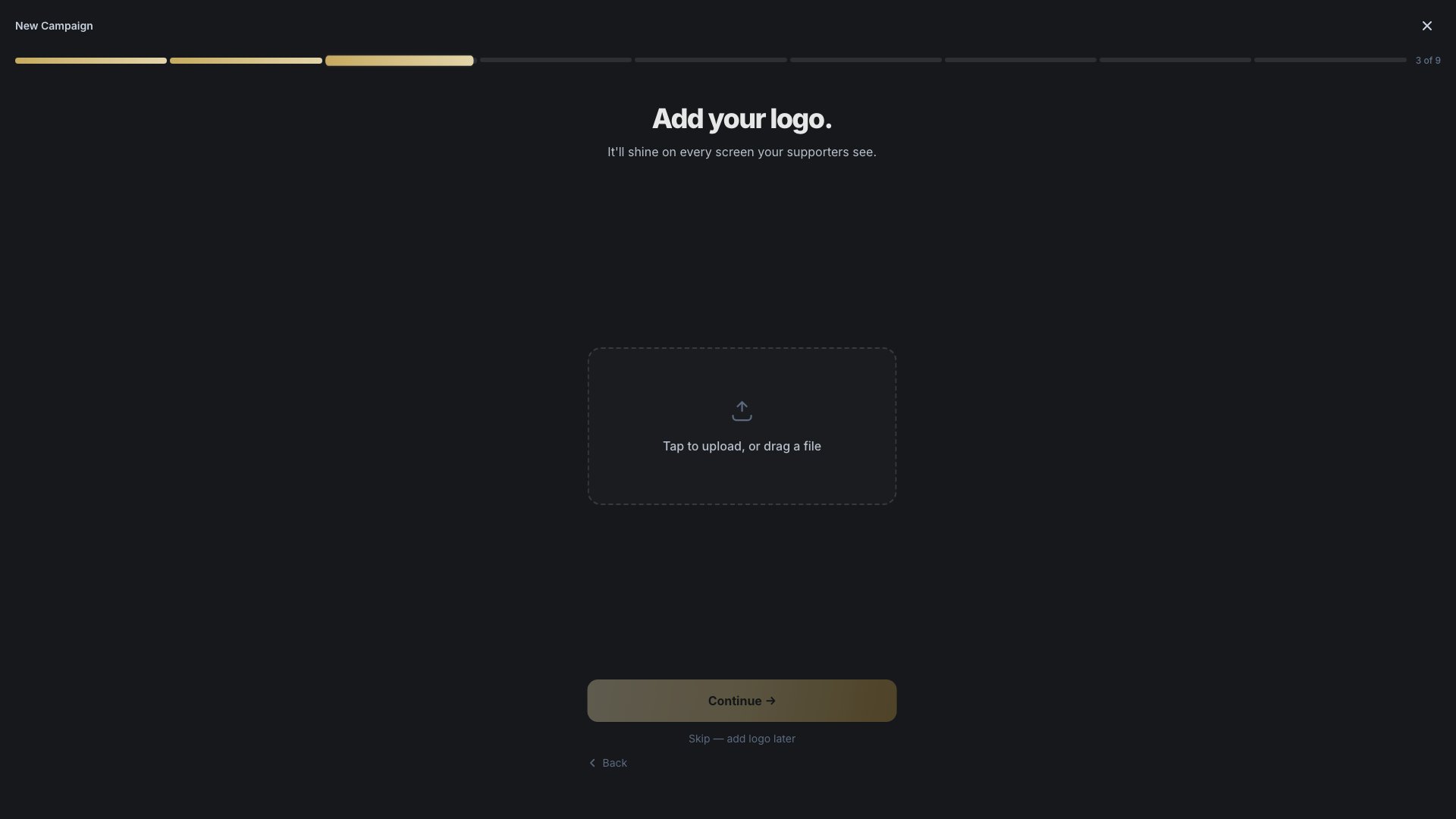 The logo upload screen with a drag-and-drop area