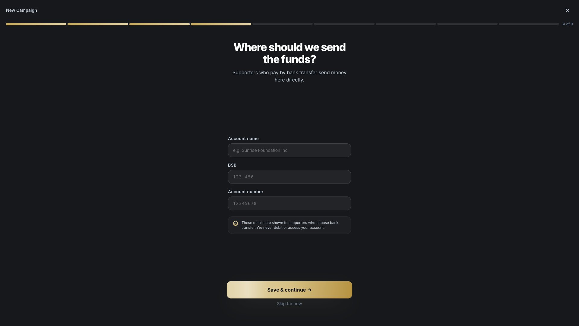The bank details screen with account name, BSB and account number fields