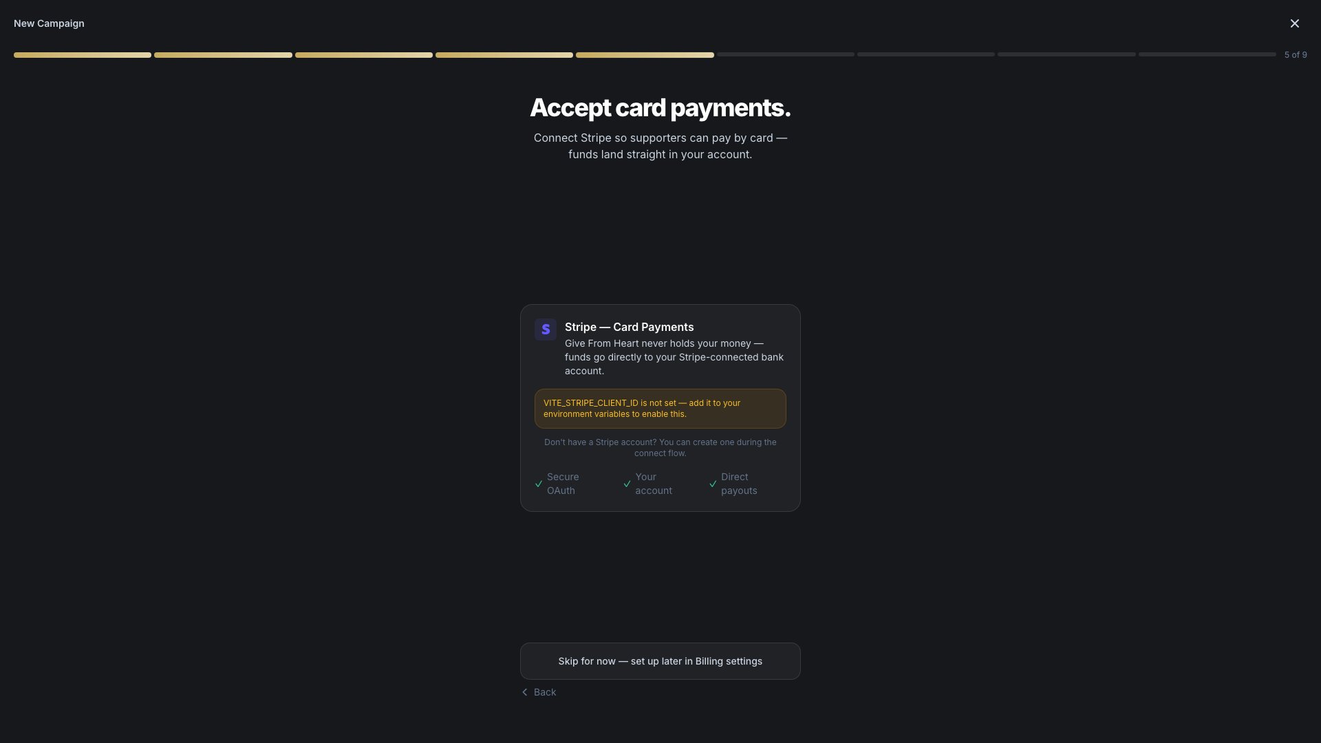 The Stripe Connect screen with a "Connect Stripe account" button