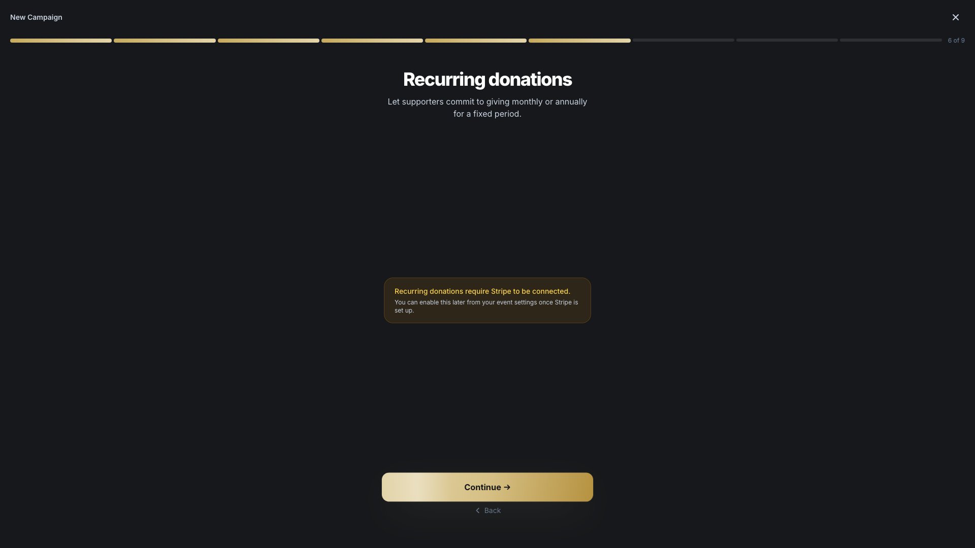 The recurring donations configuration screen