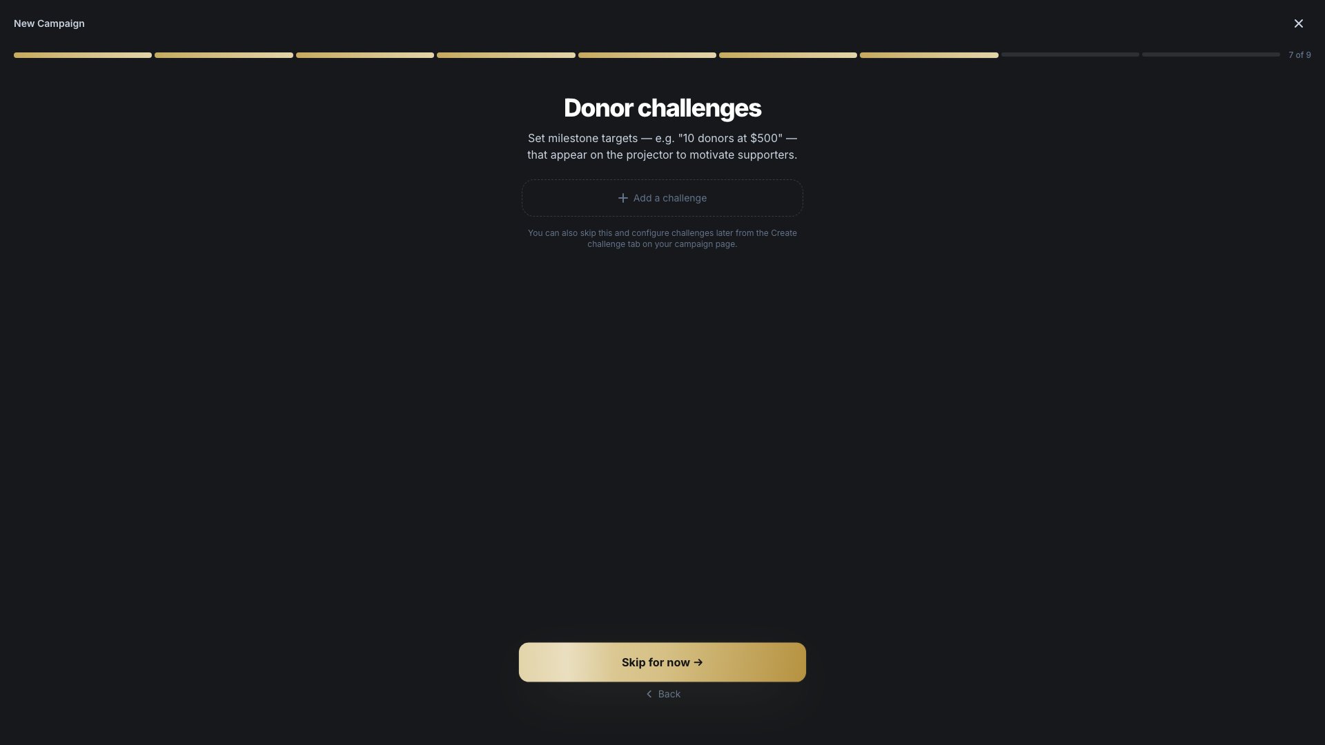 The fundraising challenge setup screen
