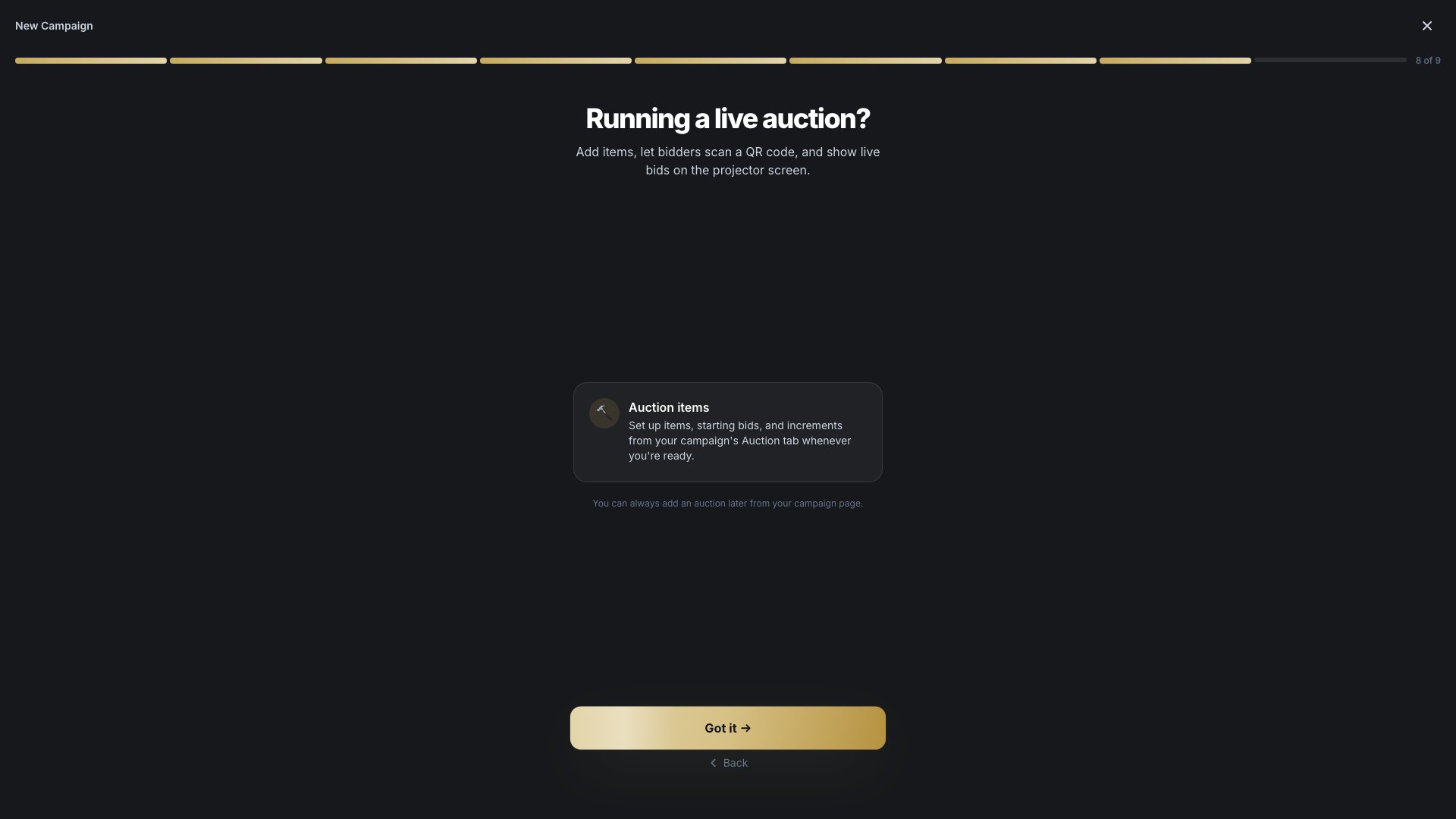 The auction setup screen inside the campaign wizard