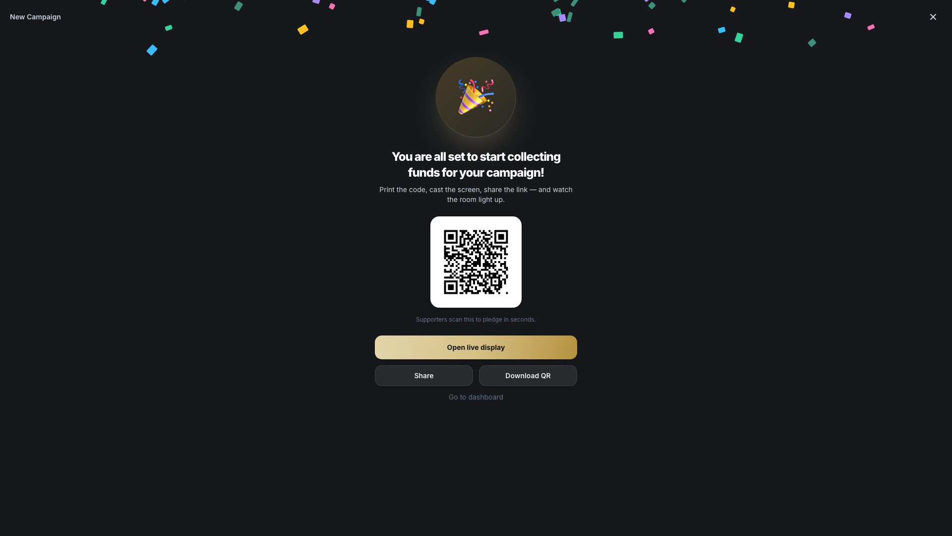 The finished campaign’s Ready screen with its public link and QR code