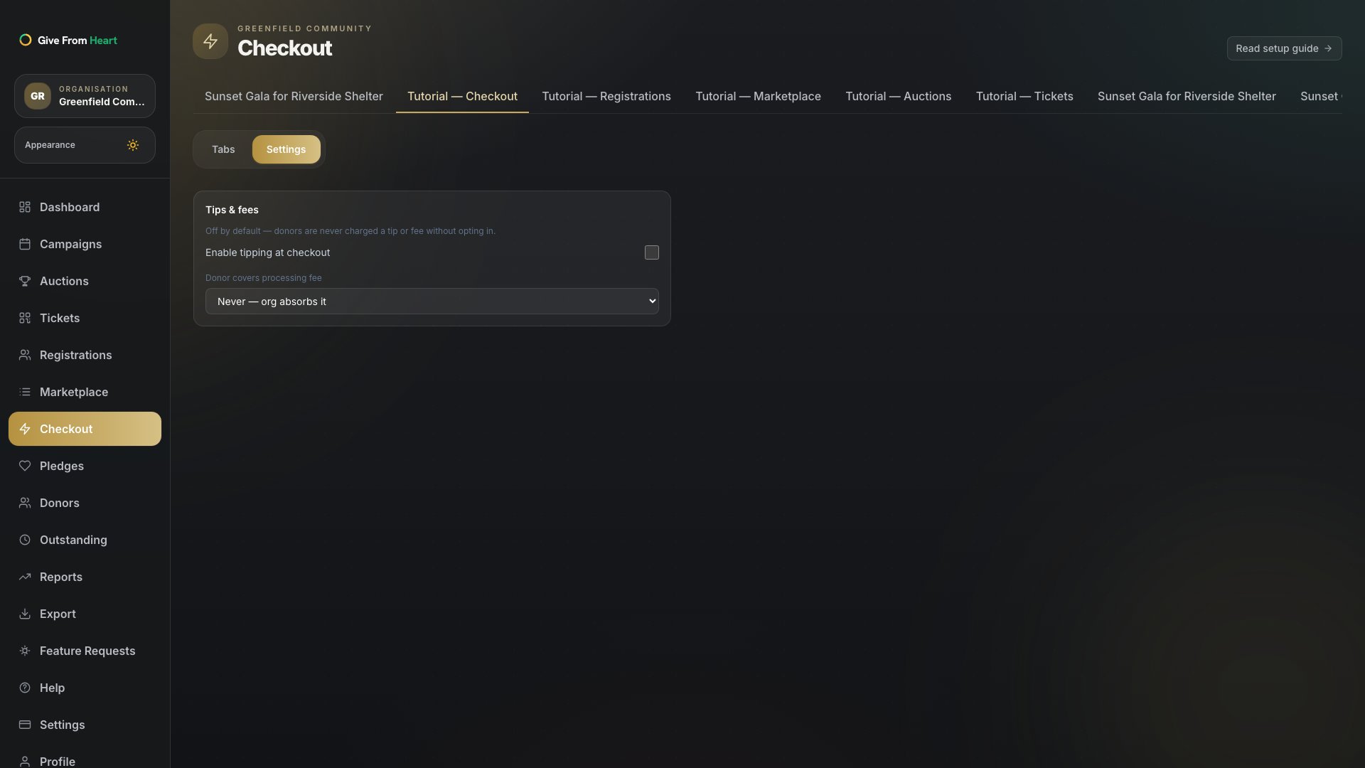 The Checkout tab open on Settings