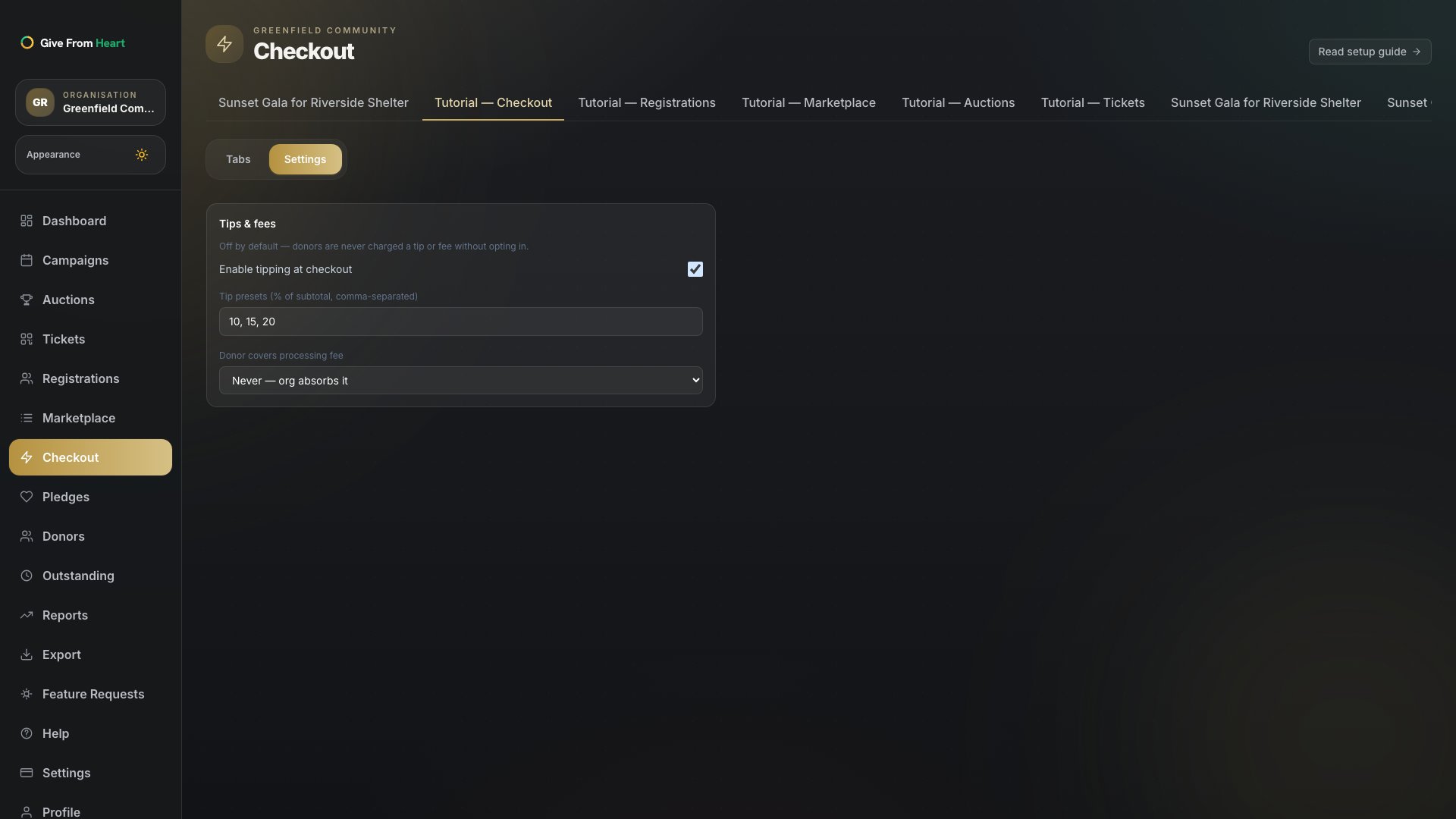 The processing-fee coverage dropdown with Never/Optional/Always options