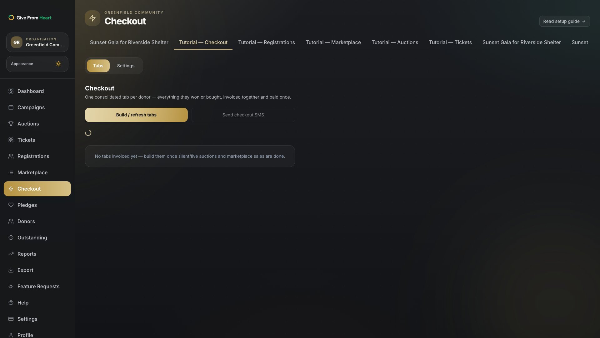 The Checkout Tabs section with the "Build / refresh tabs" button