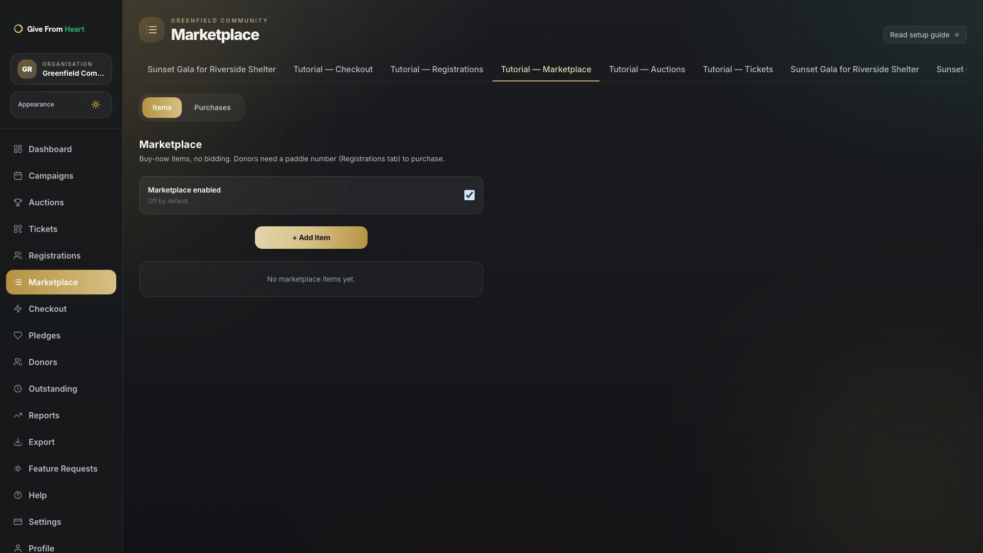 The add-marketplace-item form with name, price and quantity fields