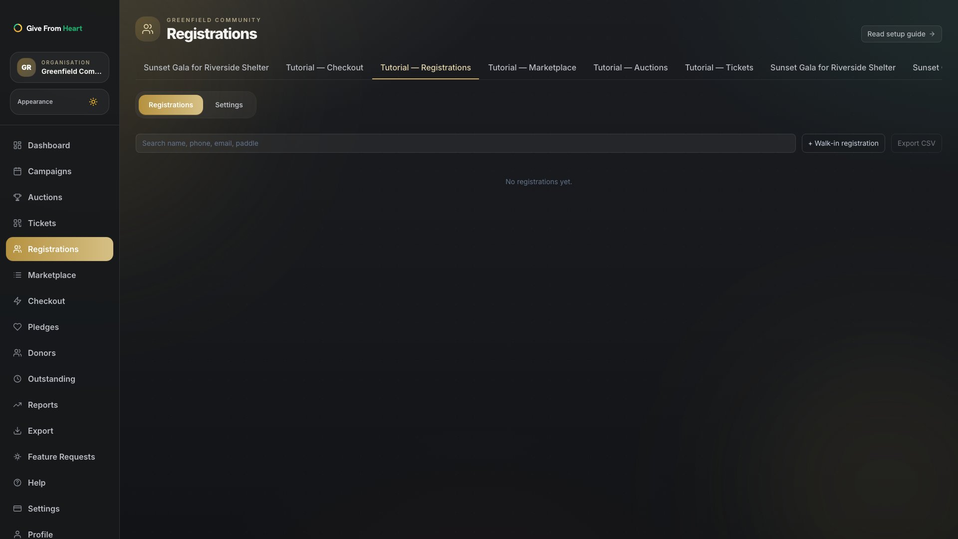The Registrations tab with the search bar and registrations list