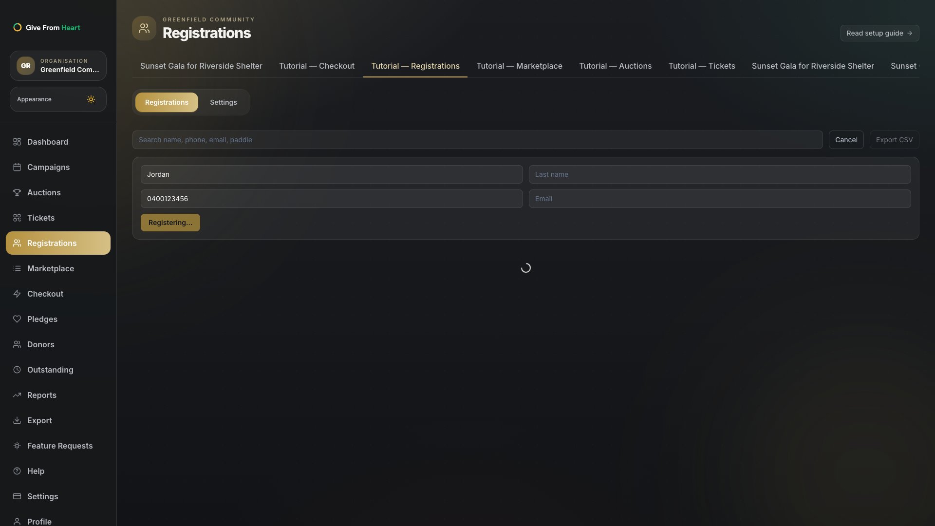 The registrations list with the Export CSV button