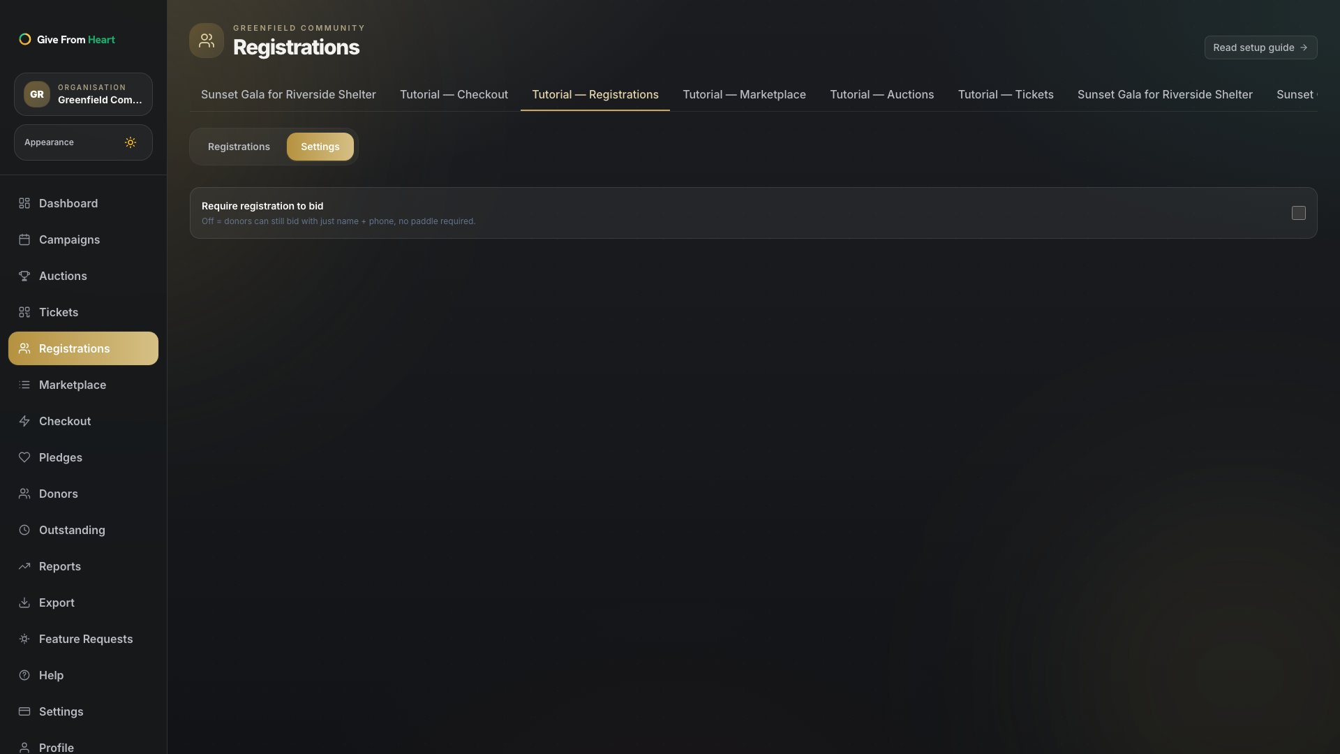 The Registrations Settings tab with the require-to-bid toggle