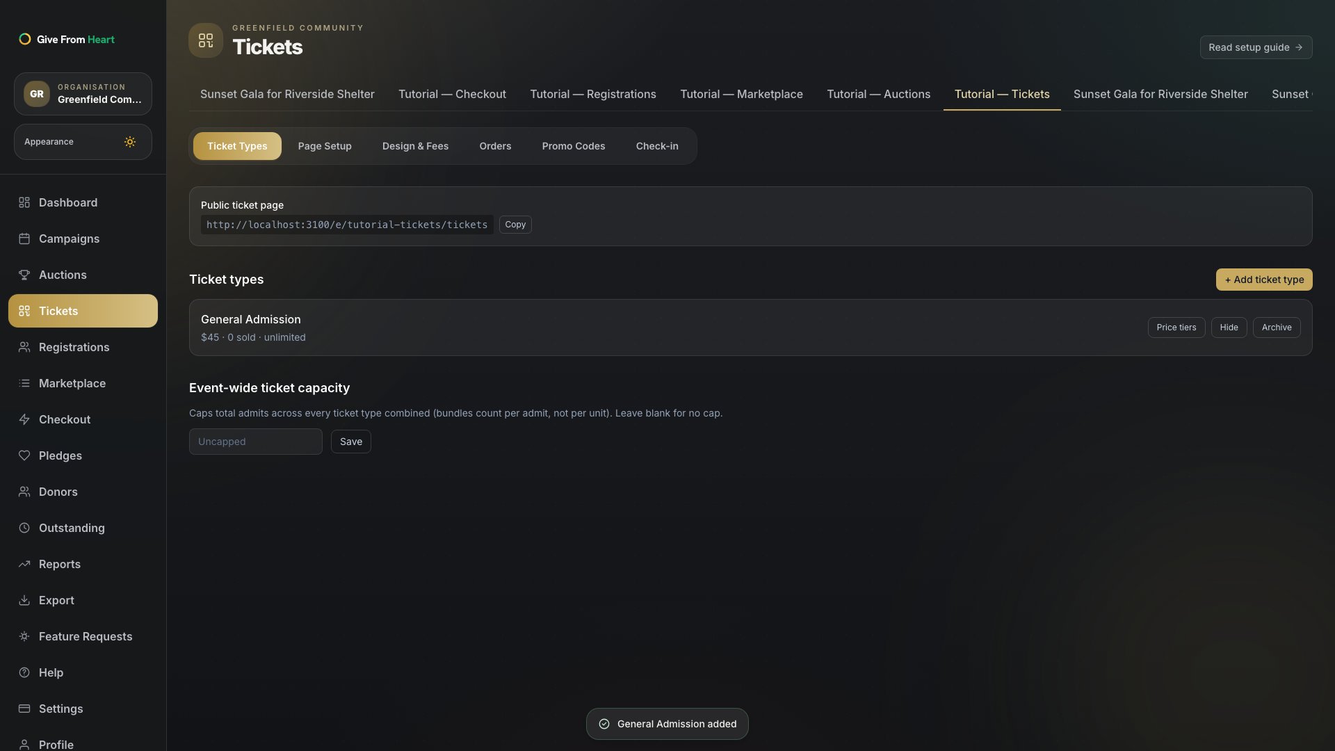 The price tiers editor expanded under a ticket type