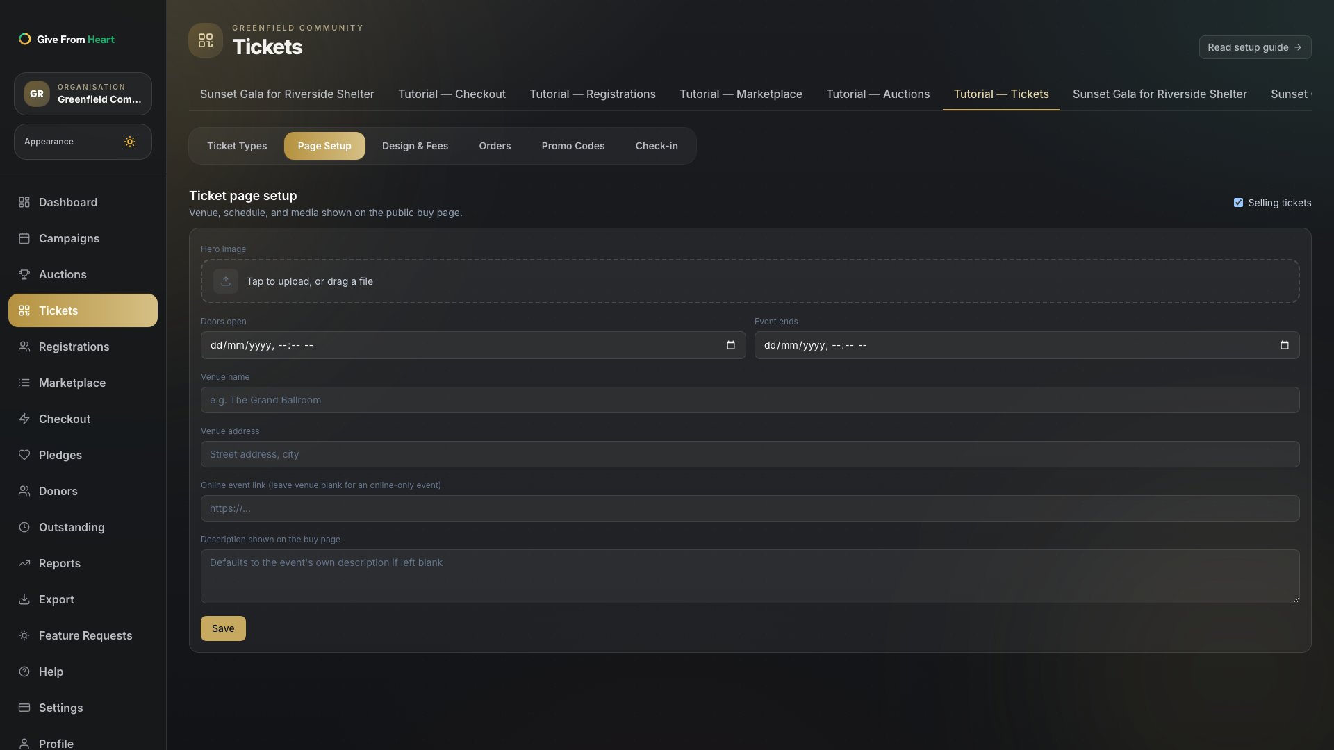 The Page Setup section with venue and description fields