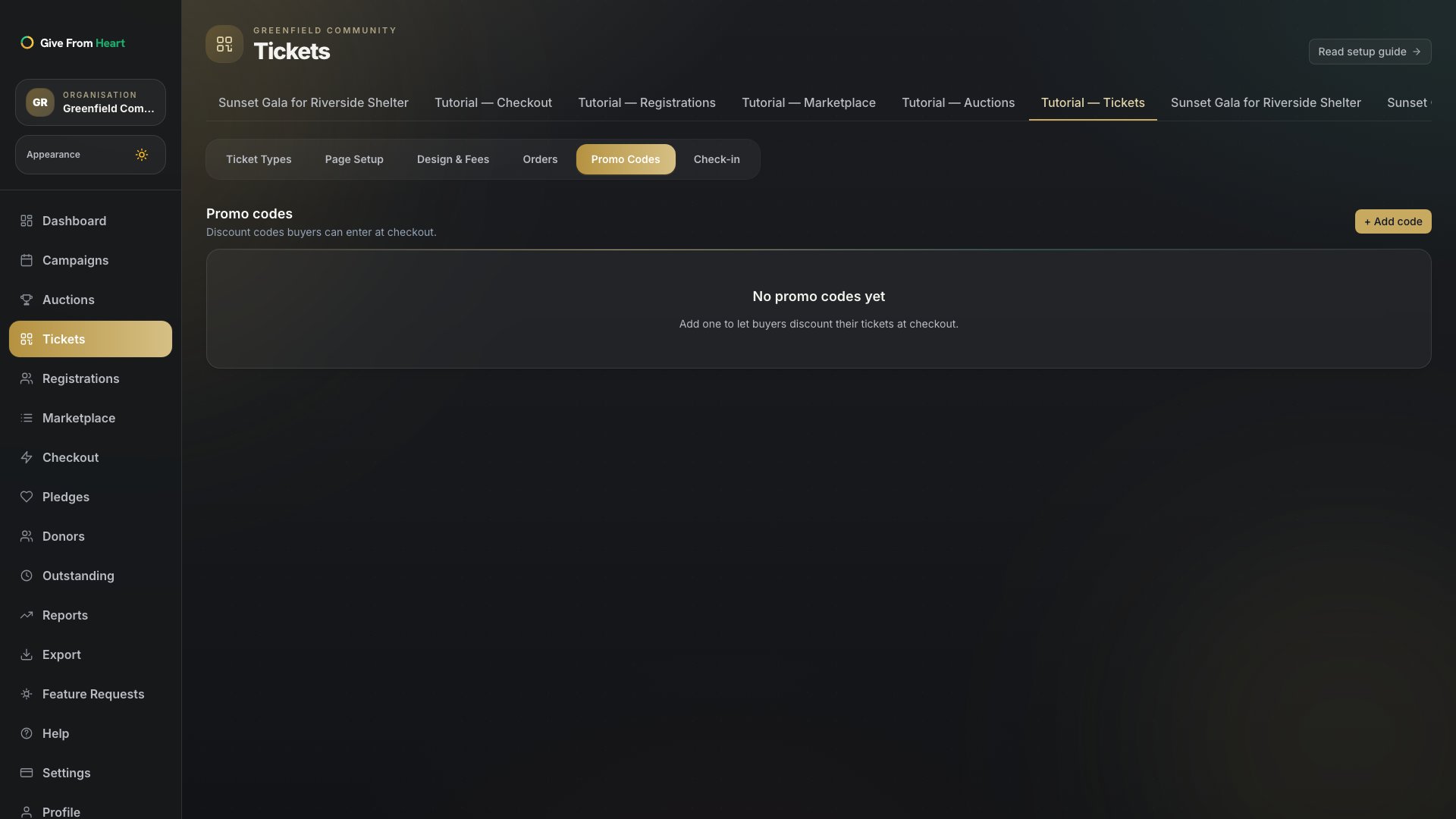 The promo codes form with a code and discount amount